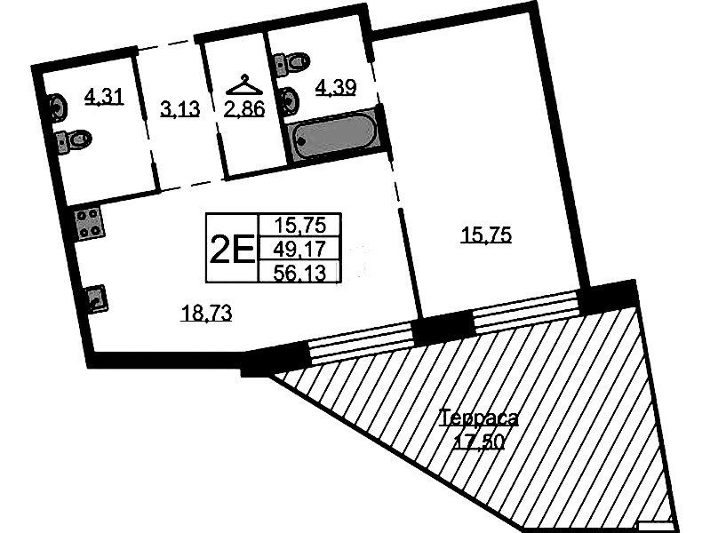 1-комнатная квартира 54.42 м², 2/8 эт., ЖК «Северная Корона»